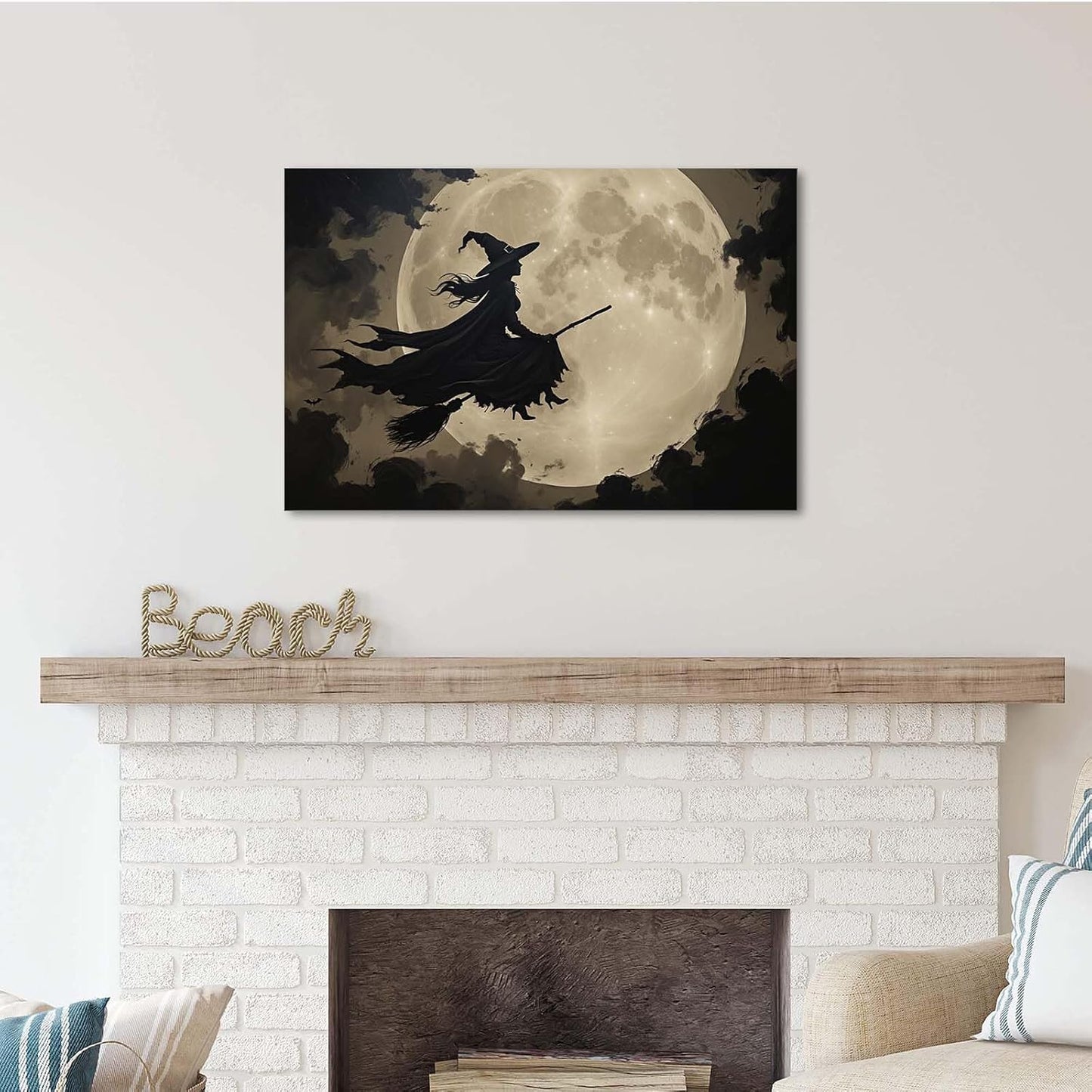 JFHCQJPK Full moon witch silhouette poster witch on magic broom Halloween mural poster decorative mural art suitable for home living room bedroom20x30in Frameless