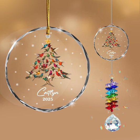 Personalized Christmas Ornament – Custom Holiday Tree Design with Birds – Custom Name 2025 – Glass Christmas Tree Ornament with Suncatcher