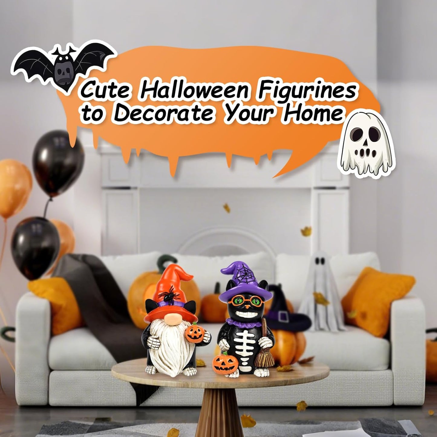 Halloween Gnome Decorations Black Cat Decor 2 PCS Home Vintage Figurines Funny Resin Tabletop Ornaments Indoor Holiday Collectible Statue for Women Men Kids
