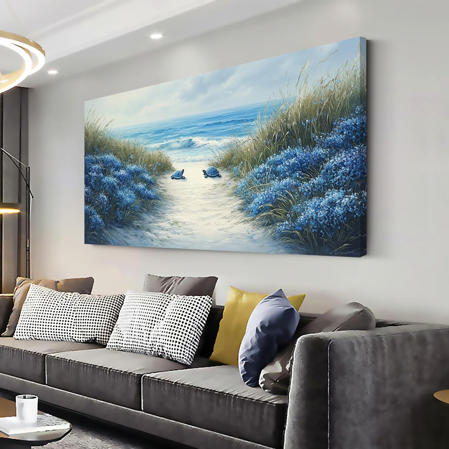 LASMOND Romantic Beach Wall Art for Living Room Blue Sea Turtle Lovers Canvas Painting Prints Ocean Sandy Romance Flowers Large Bedroom Office Decor Artwork (30x16 Inches)