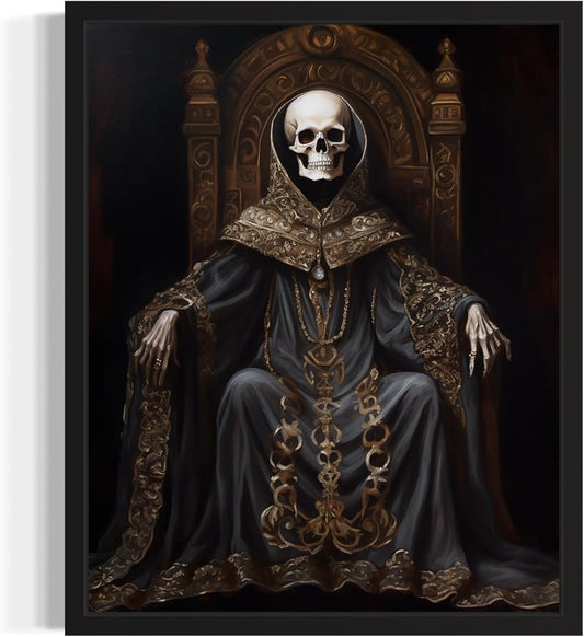 Skull King Poster Art Print, Halloween Scary Vintage Wall Art Academia Spooky Painting Decoration for Horror Prints, Gothic Posters Bedroom Decor 89 (Skull King 1, 11 x 14 inches, Black Frame)