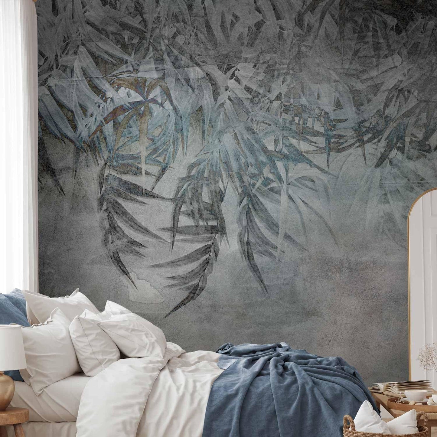 artgeist Wall Mural Leaves 197x138 in - XXL Non-Woven Wallpaper Fleece Wall Decor Photo Print Picture Image Design Palm Leaves Concrete Nature Grey b-C-10103-a-a