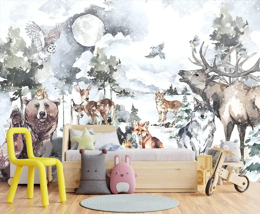 Boys or Girls Cartoon Watercolor Animals wallpeper Nursery Kids Bedroom Wall Mural - 160"x108"（Not Peel and Stick）