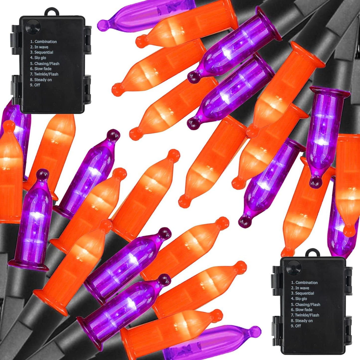 Dazzle Bright Purple and Orange Halloween Lights Battery Operated, 2 Pack Total 100LED 32FT Waterproof Mini String Lights with 8 Modes, Halloween Decorations for Outdoor Indoor Garden Yard Party