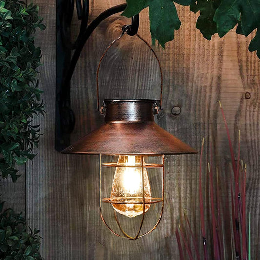 pearlstar Solar Lantern Outdoor Hanging Light Metal Farmhouse Solar Lamp with Warm White Edison Bulb Design for Garden Yard Patio Porch Decor (Brushed Copper)