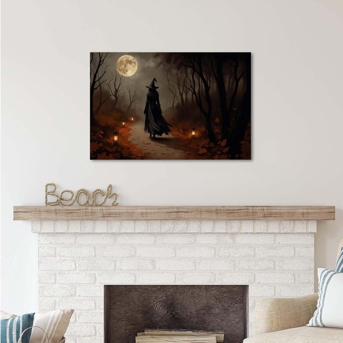 JFHCQJPK Moonlight witch poster dim lantern Halloween decoration Gothic style dark retro college style canvas wall art suitable for living room bedroom8x12in Frameless