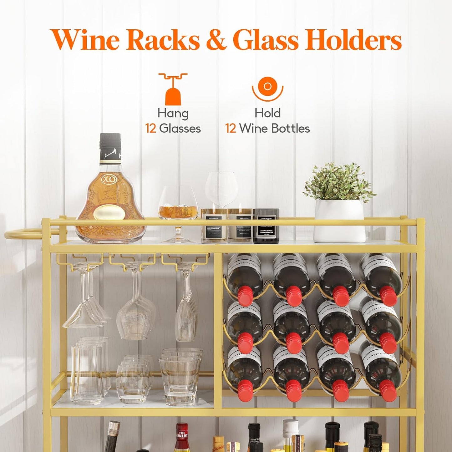 Lifewit Bar Cart for The Home, 3 Tier Drink Cart with Lockable Wheels, 12 Wine Rack and 3 Rows Glass Holders, Liquor Serving Cart for Kitchen Dining Livingroom, 31.6" x 13.1" x 33.9", Gold
