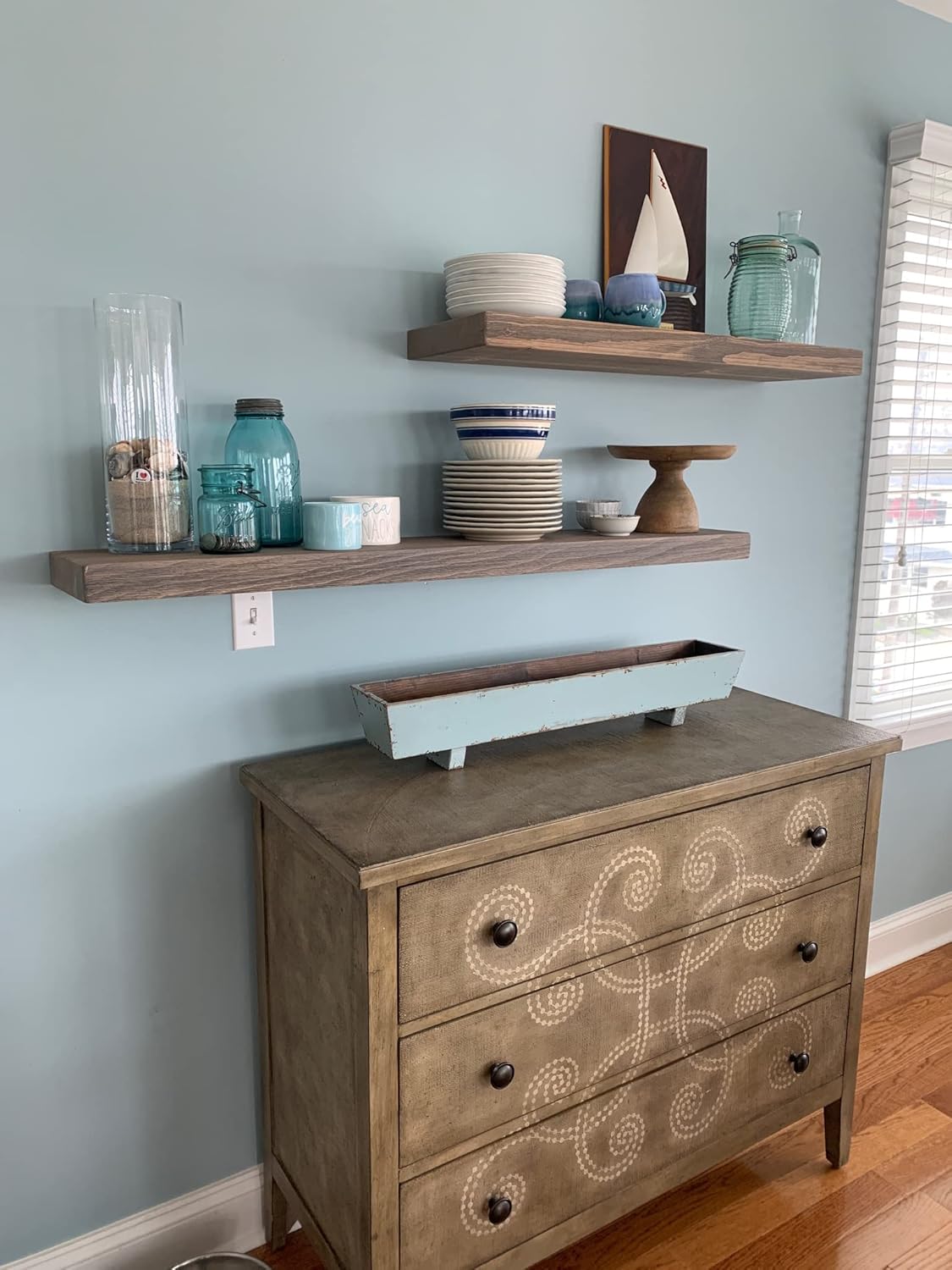 joelsantiques 54 Inch Wooden Floating Shelves for Wall - 54x6x2 in - Made of Natural Wood - Long Heavy Duty Rustic Wall Shelves for Bedroom - Perfect for Living Room, Kitchen - Gray - Grey