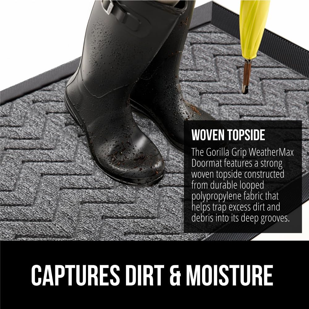 GORILLA GRIP All-Season WeatherMax Doormat, 47x35, Durable Natural Rubber, Stain and Fade Resistant, Low Profile, Indoor Outdoor Door Mats, Easy Clean Patio Entrance Mat, Steel Chevron