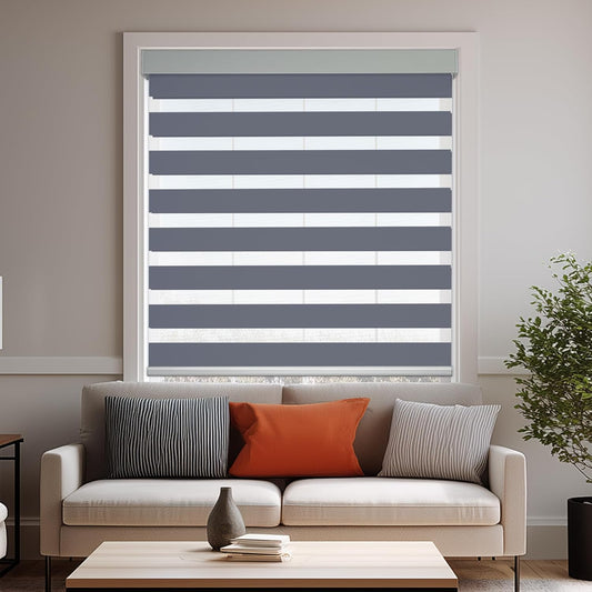 HESTIA Cordless Zebra Blinds Light Filtering Roller Shades UV Blocking Blackout Privacy Indoor Window Blind for Home Office Day and Night, Blue Grey,25" W x 48" H