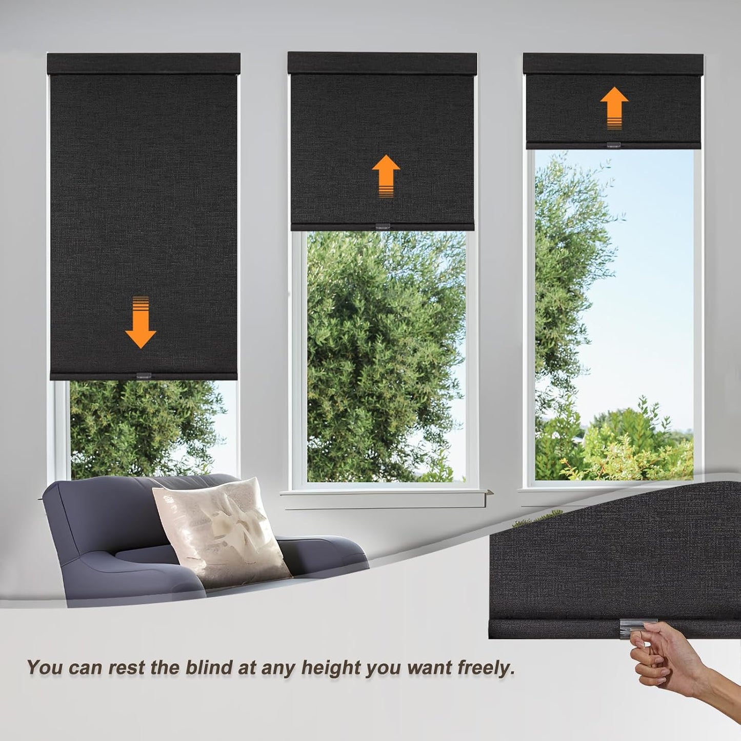 Persilux Free-Stop Cordless Blinds for Indoor Windows with Cover, Window Shades Blackout Roller Blinds, Thermal Insulated Fabric UV Protection for Kitchen, Office, Living Room, Black(41.5" W x 64" H)