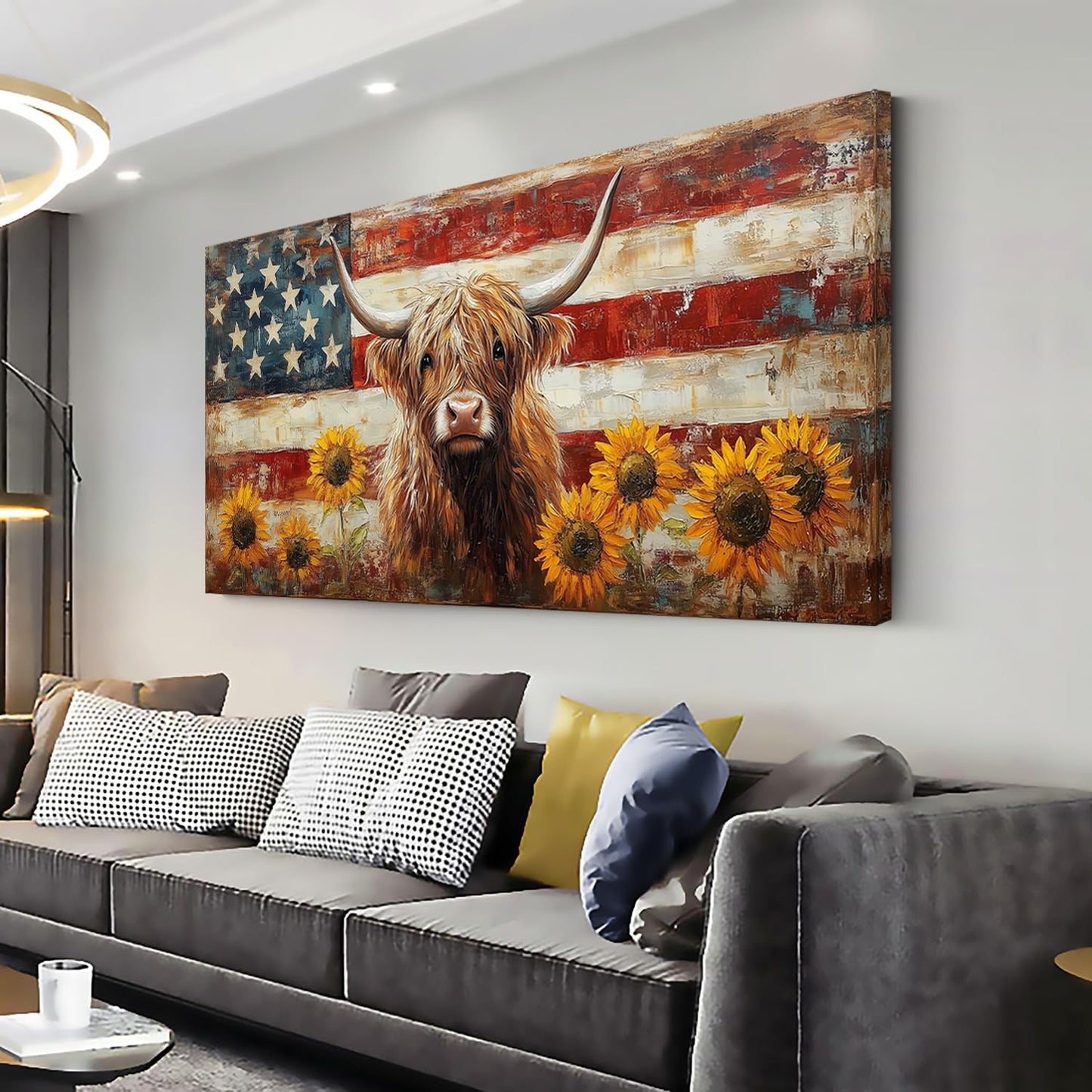 LASMOND Country Highland Cow Wall Art for Living Room Rustic Retro Vintage American Flag Sunflower Canvas Painting Prints Highland Cattle Artwork Farmhouse Bedroom Office Decor (40x20 Inches)