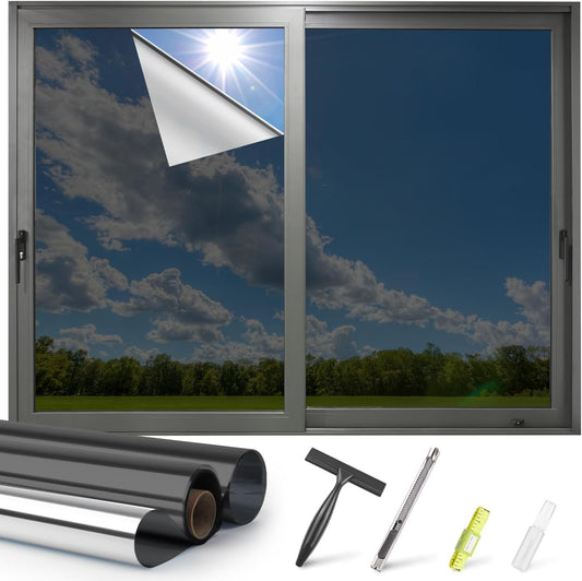 Kromapolis One Way Window Privacy Film Reflective Mirror Home Window Tint, Daytime Privacy Heat Control Anti UV Glass Tinting Static Cling (Black-Silver, 23.6 x 157.4 inch)
