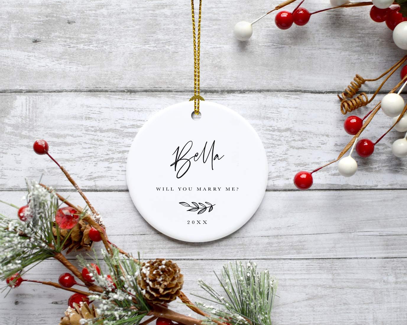 Andaz Press Personalized Engagement Proposal Round Ceramic Porcelain Christmas Tree Ornament Keepsake Gift, Olivia Will You Marry Me?, Antique Handdrawn, 1-Pack Will You Marry Me Christmas Ornament