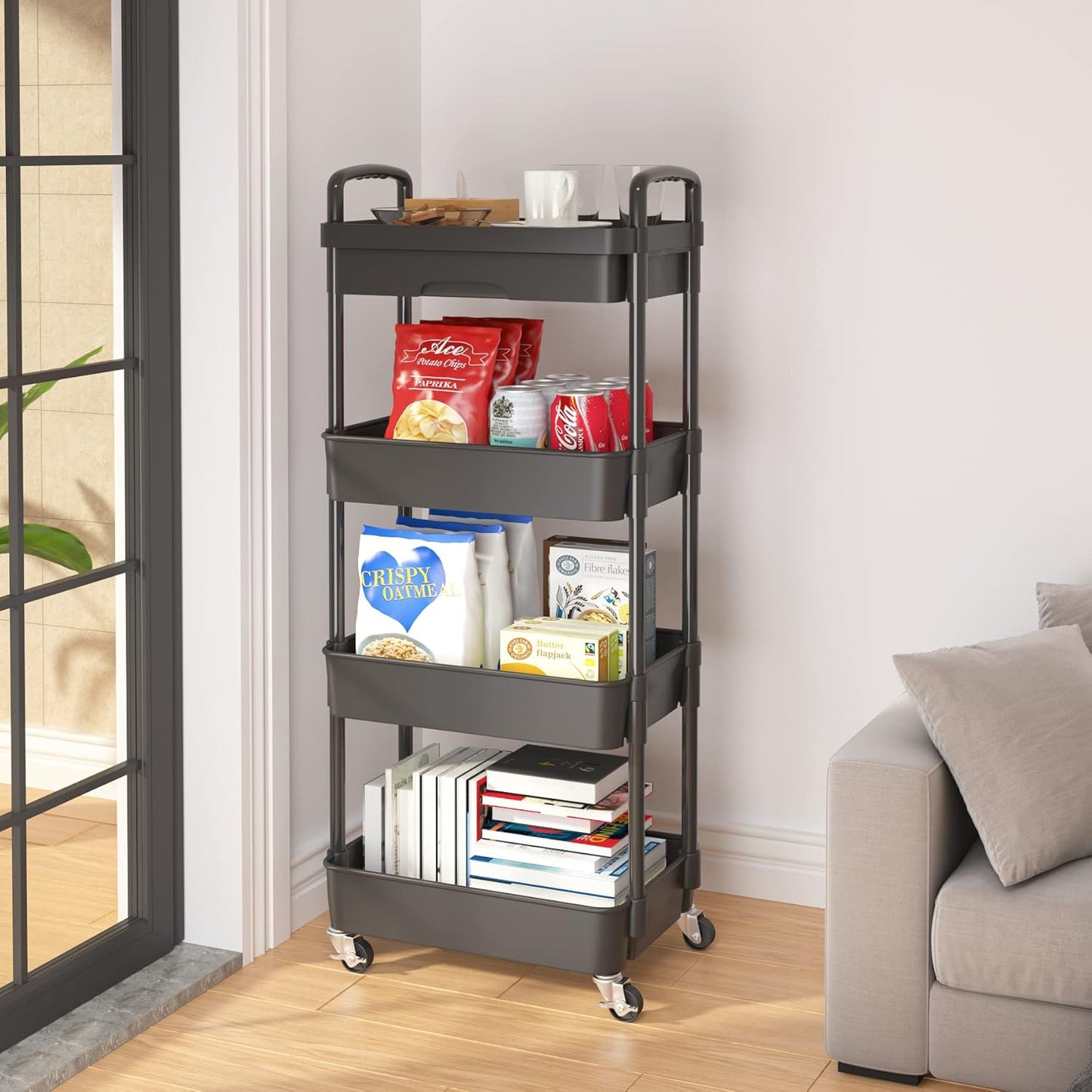 Calmootey 4-Tier Rolling Utility Cart with Drawer,Multifunctional Storage Organizer with Plastic Shelf & Metal Wheel,Storage Cart for Kitchen,Bathroom,Living Room,Office,Black