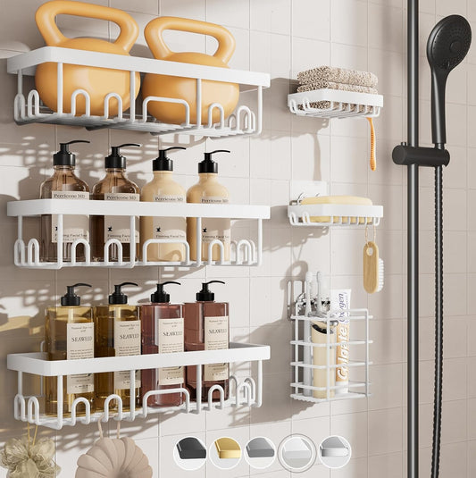 Veken 6-Pack Rustproof Waterproof Shower Caddy, Adhesive Shelves Rack with Soap Holder, Large Bathroom & Washroom Organizer, No Drilling Wall-Mounted Kitchen & Home Decor, Ideal for Bathtub Storage