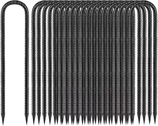 Ground-Stakes-Heavy-Duty-12 inch, U-Hook Rebar Stakes Black Coated Anti-Rust 16pcs Garden Stakes Metal Ground Anchors for Garden Dog Fence Chicken Coop Christmas Decorations Deer Fence