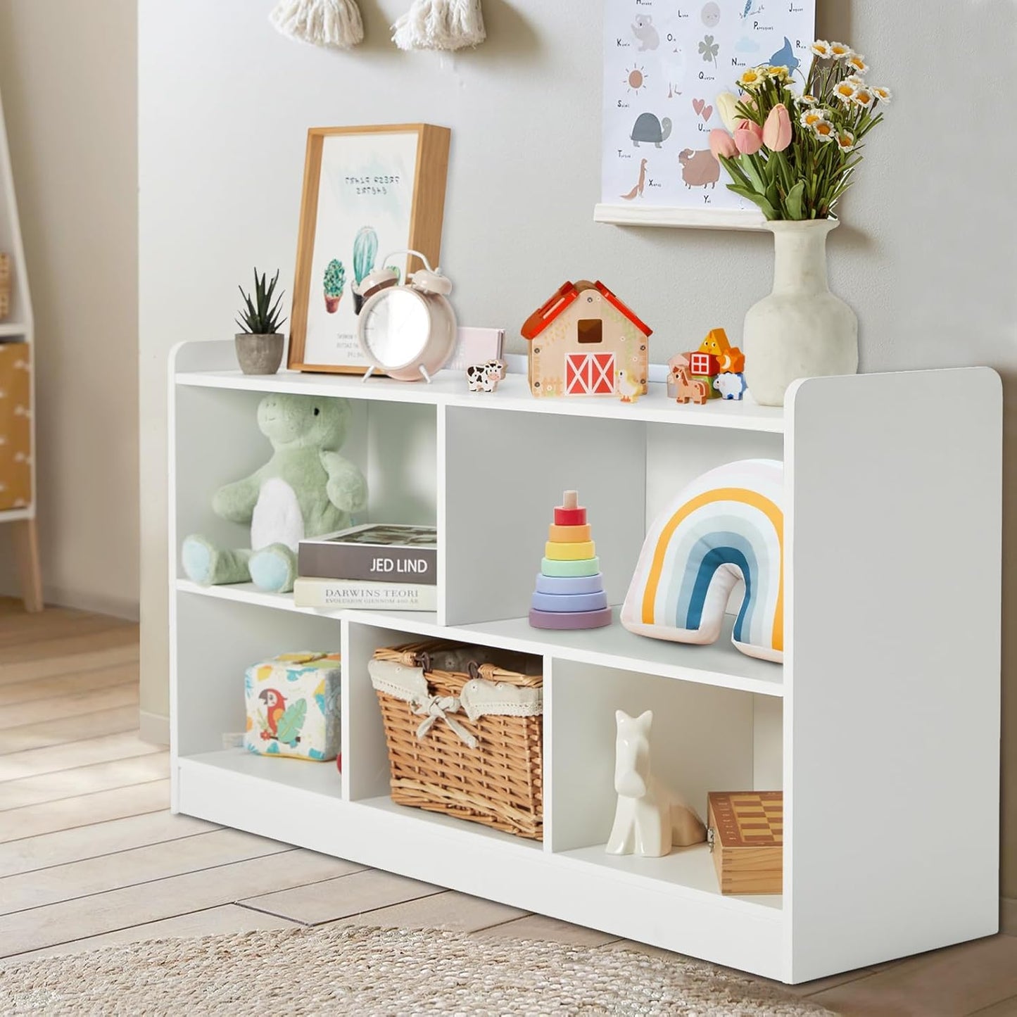 Montessori Shelf, Wooden Toy Storage Organizer for Books Toys, 2 Shelf Bookcase, 5-Section Storage Cabinet, Toddler Book Shelf for Kids Rooms, Playroom, Nursery, Kindergarten