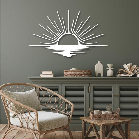 Yemwot Sunrise Metal Wall Art, Metal Sun Wall Decor Outdoor, Sea Sparkle Decor, Boho Sun Art, Sunshine Sign, Living Room Bedroom Hangings (White, 24"x 17"| 62x37cm)