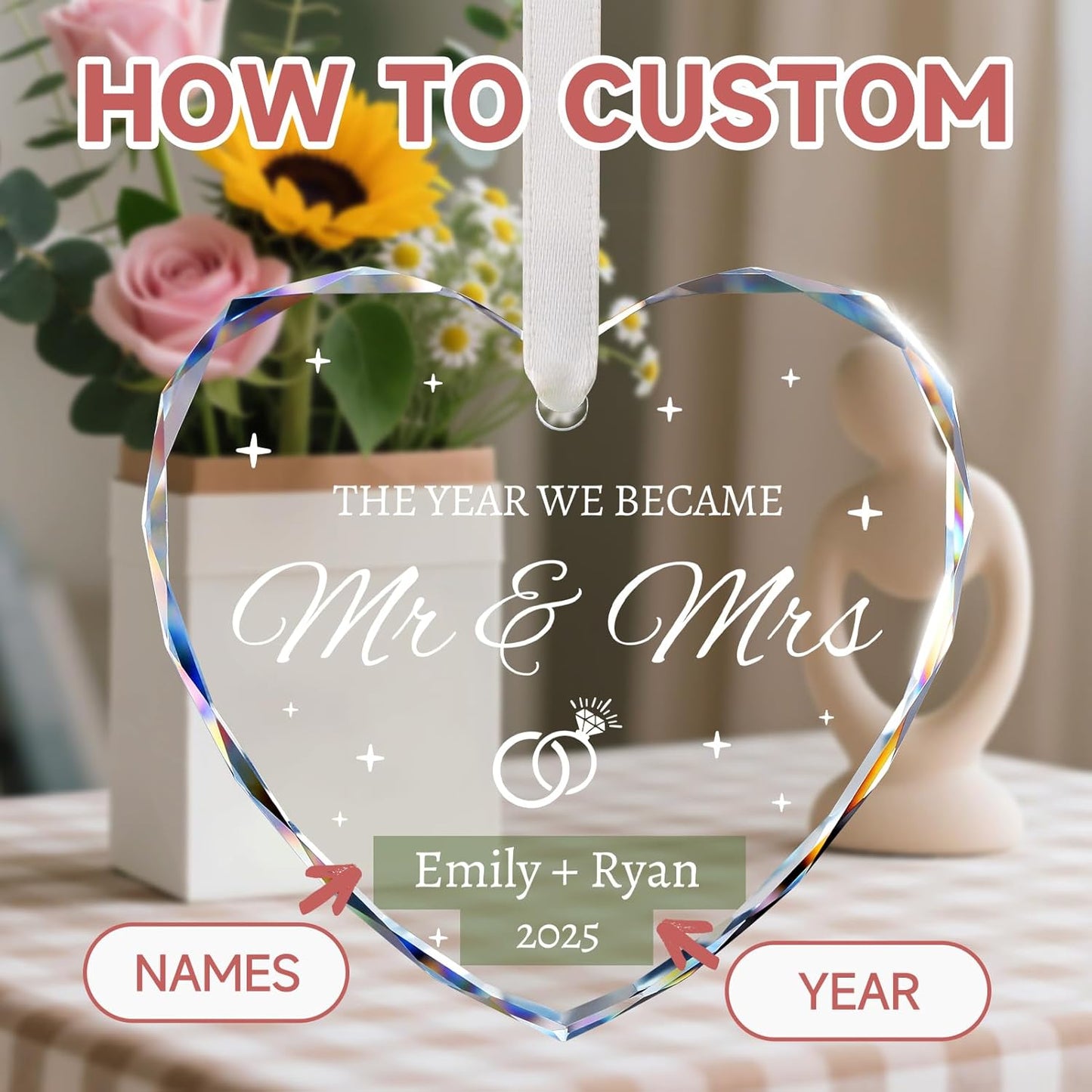 Wedding Gifts for Couples 2025 - Mr and Mrs Ornament 2025 - Bridal Shower Gifts, Just Married Gift for Bride, Newlywed, Future Mr & Mrs, Her - Crystal Glass Christmas Ornaments
