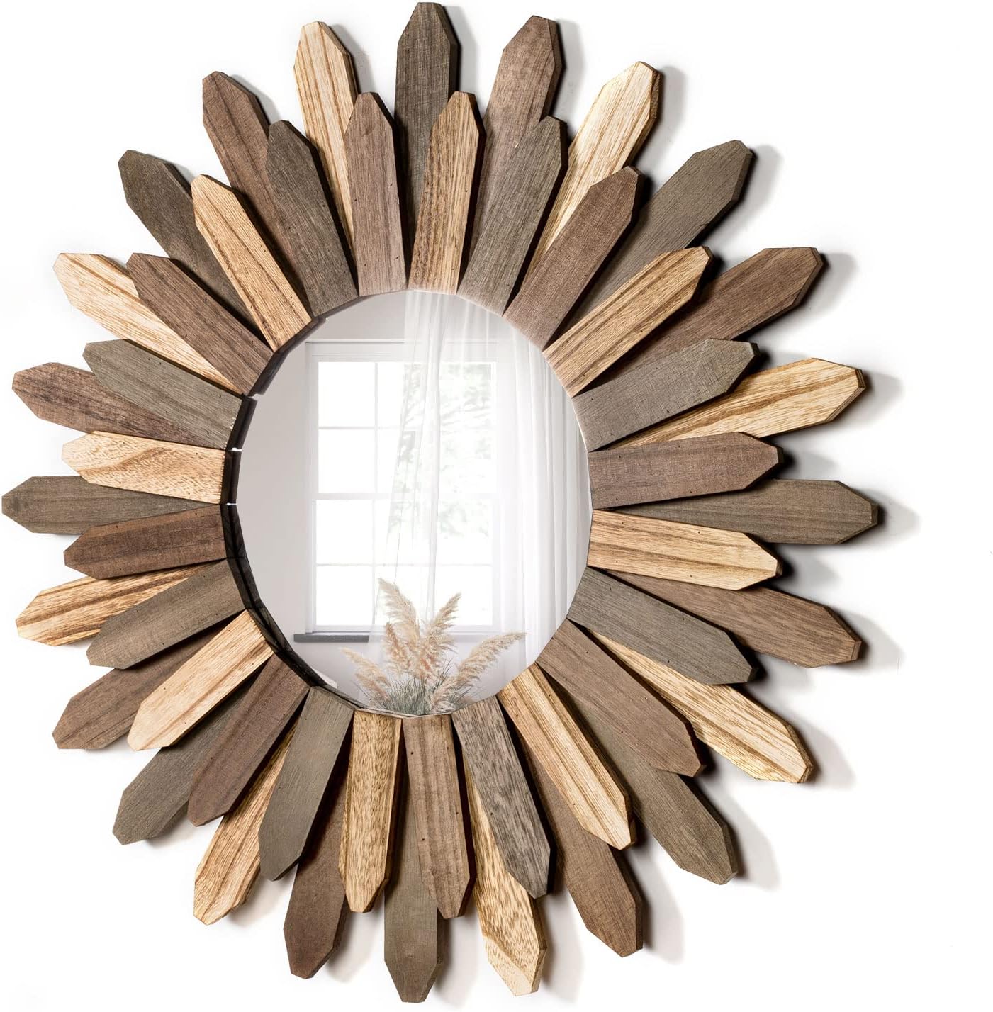 Honiway Boho Wall Decor 21 inch Wall Mirror Rustic Wood Decorative Mirror for Room Decor Rustic Home Decor Farmhouse Wall Decor at Living Room Bedroom Bathroom Hallway Trilcolor