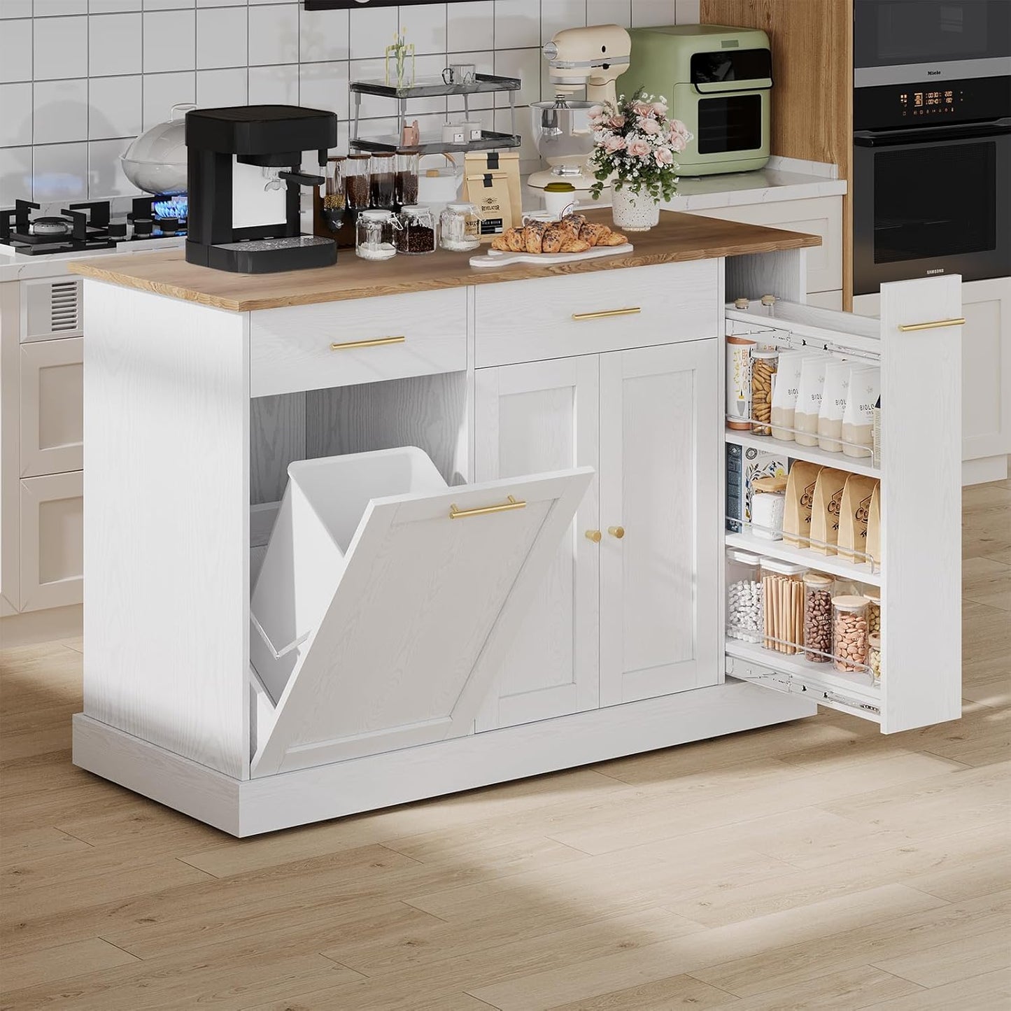 4 EVER WINNER Kitchen Island on Wheels with Storage,Rolling Kitchen Cart with Spice Rack & Towel Rack,Portable Island with Trash Can Storage,Mobile Islands for Dinning Room,White