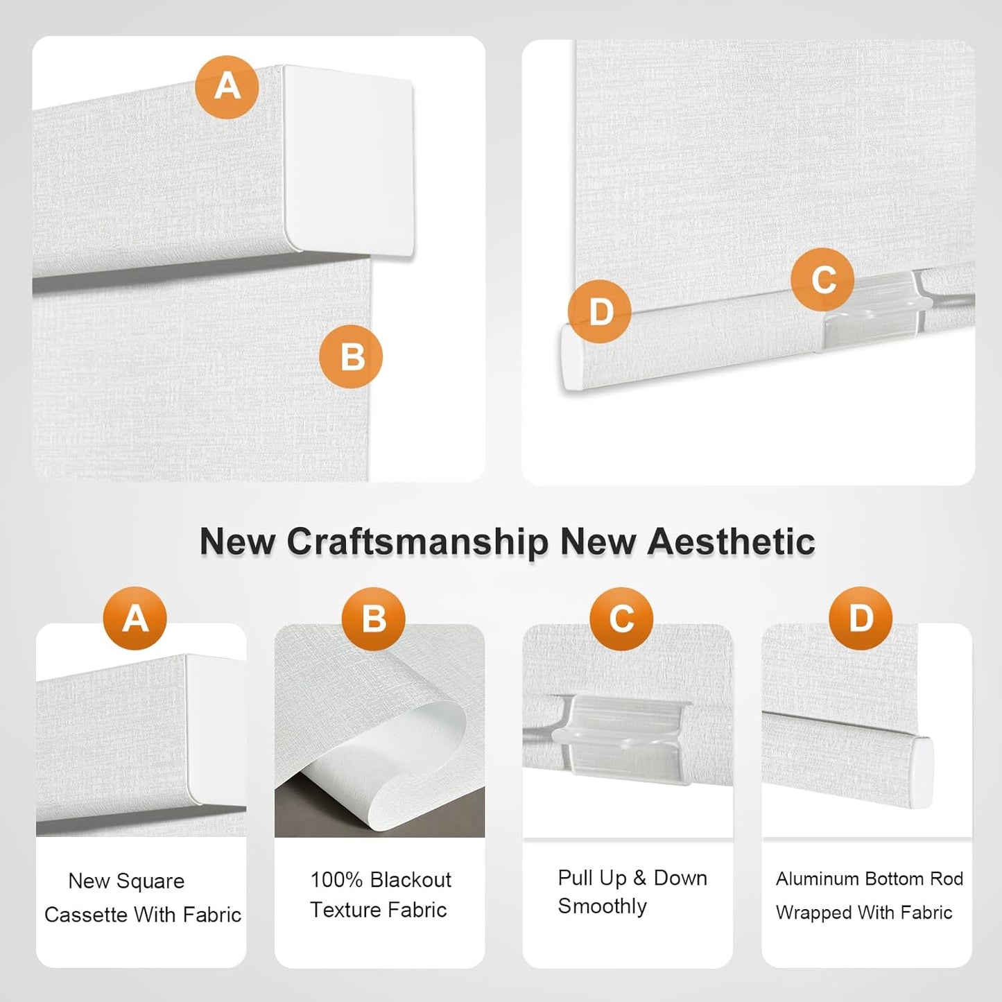 Persilux Blackout Roller Shades & Blinds Windows Shades Free-Stop Blackout Blinds with Jacquard Fabric,Cordless Blinds Pull Down Shades for Home, Easy to Install for Door/Office, White(50" W x 64" H)