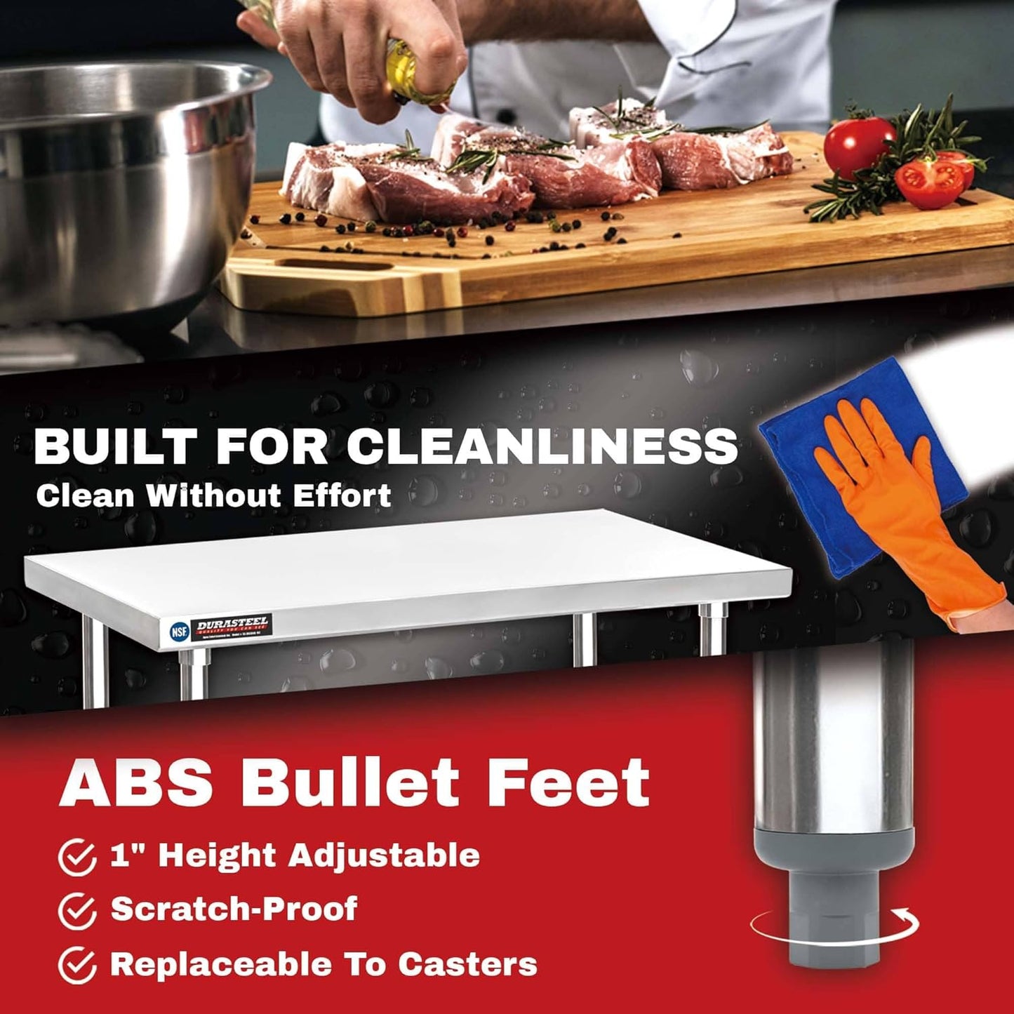DuraSteel Stainless Steel Work Table 24" x 48" x 34" Height w/ 4 Caster Wheels - Food Prep Commercial Grade Worktable - NSF Certified - Good for Restaurant, Business, Warehouse, Home, Kitchen, Garage