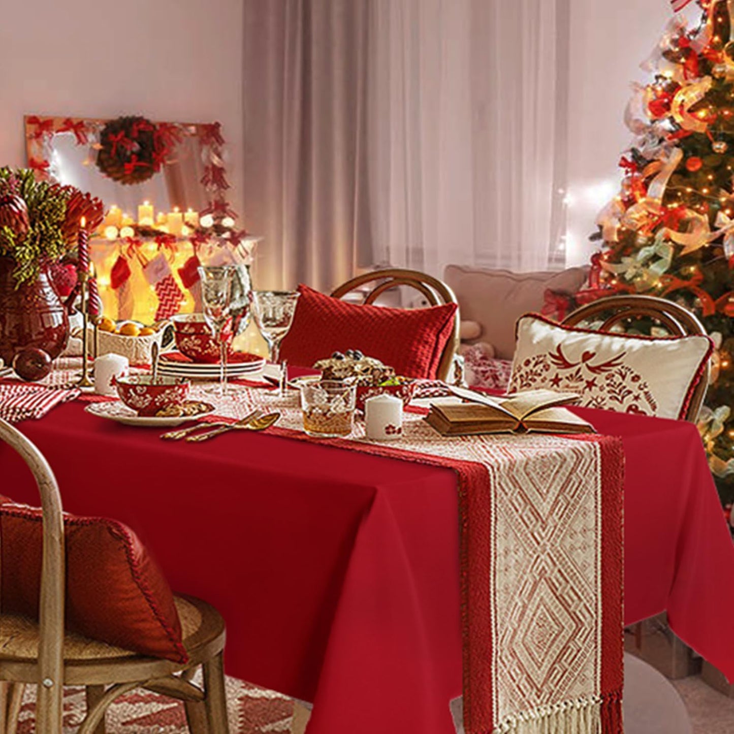 sancua Rectangle Tablecloth - 70 x 108 Inch - Stain and Wrinkle Resistant Washable Polyester Table Cloth, Decorative Fabric Table Cover for Dining Tables, Buffet Parties and Camping, Red