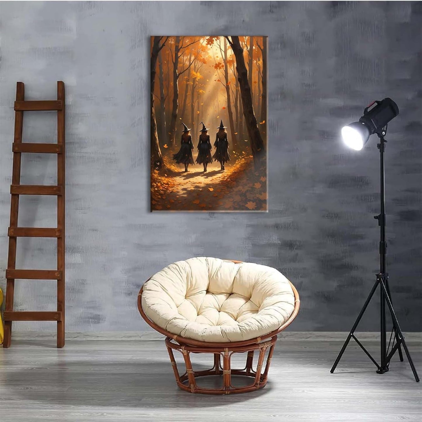 JFHCQJPK Three witches walking in the forest in autumn canvas painting gothic poster halloween print country witch wall art for home decoration8x12in Frameless