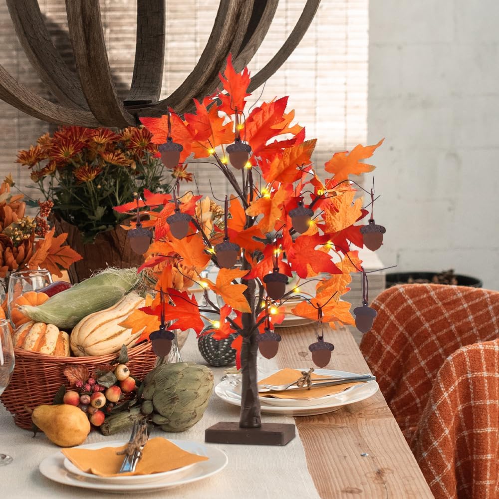 YEAHOME Fall Decorations for Home, Thanksgiving Decorations, 24”/2FT Lighted Fall Maple Leaves Tree with 24 LEDs for Autumn Decor, 12 Wood Acorns Ornaments Battery Powered Timer for Table Indoor