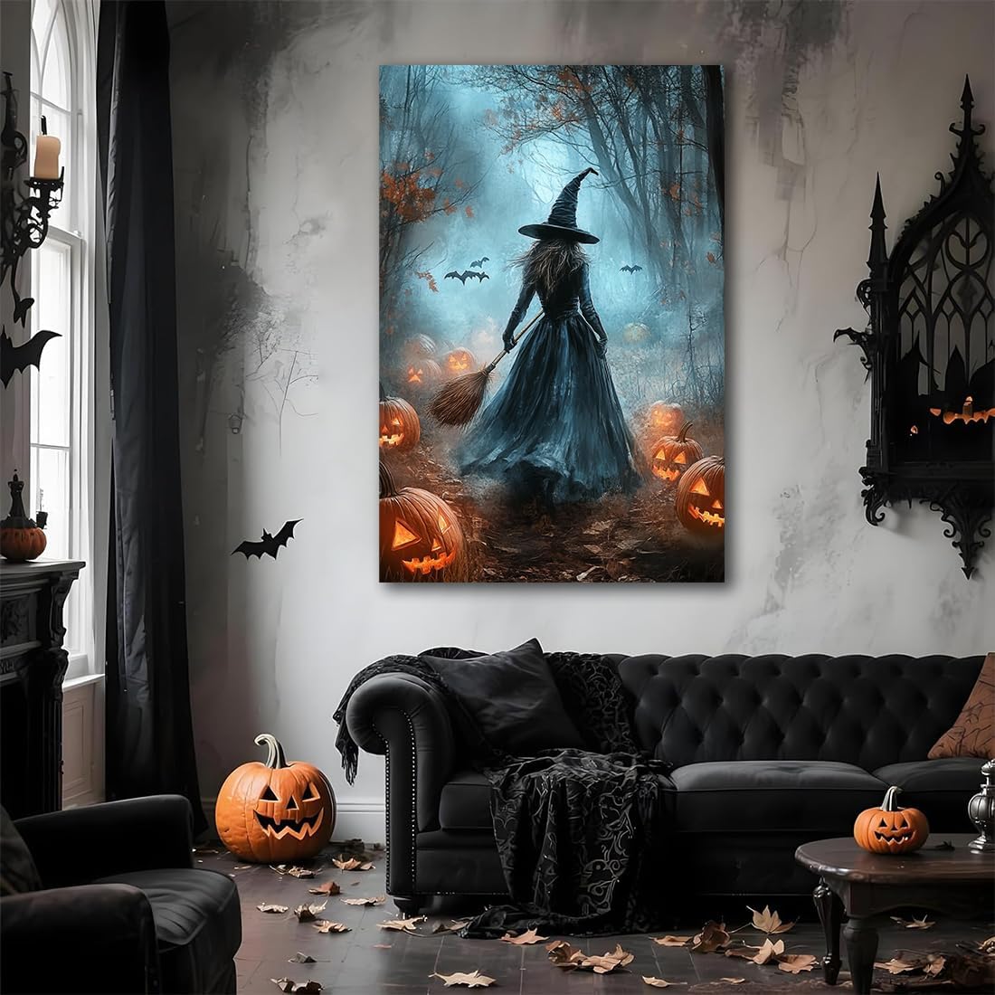 Vintage Moody Halloween Witch Artwork Wall Decor,Spooky Halloween Gothic Canvas Artwork Creepy Horror Witch with A Broom Pumpkin Bats Rustic Forest Picture,Dark Academia Poster,20"x30" Unframed