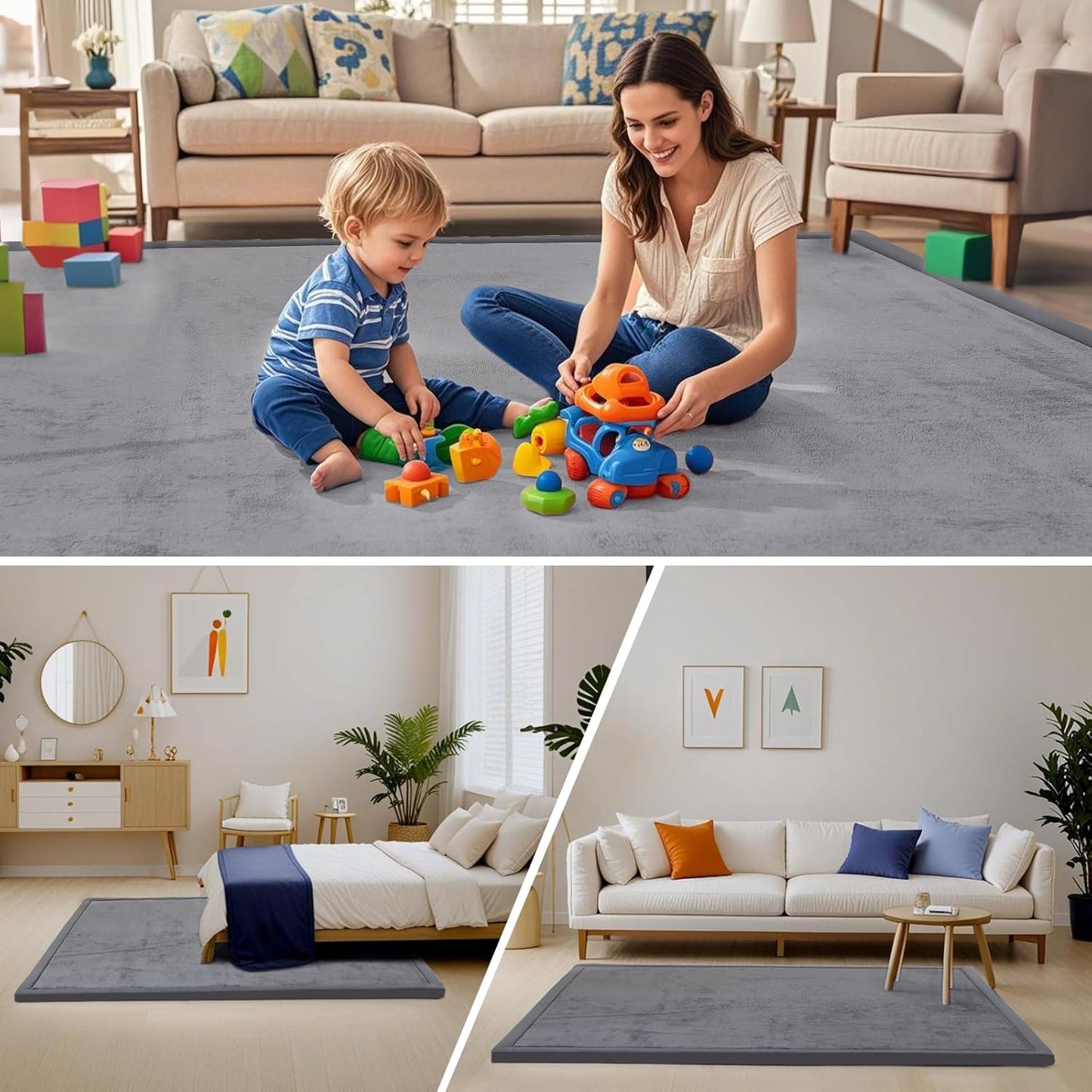ACOMOPACK Baby Play Mat for Floor,1.3" Thick Memory Foam Area Rug for Living Room,Soft Velvet Crawling with Non-Slip Bottom for Kid,Toddler,59"×71" Tummy Time Nursery Rugs,Yoga（Dark Grey）
