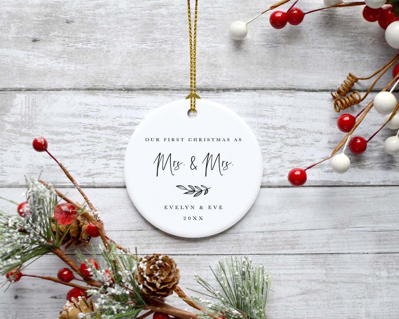 Andaz Press Personalized Lesbian Couple Wedding Round Ceramic Porcelain Christmas Engagement Keepsake Collectible Gift, Our First Christmas as Mrs. & Mrs, Helen & Eve 2025, Antique Handdrawn, 1-Pack