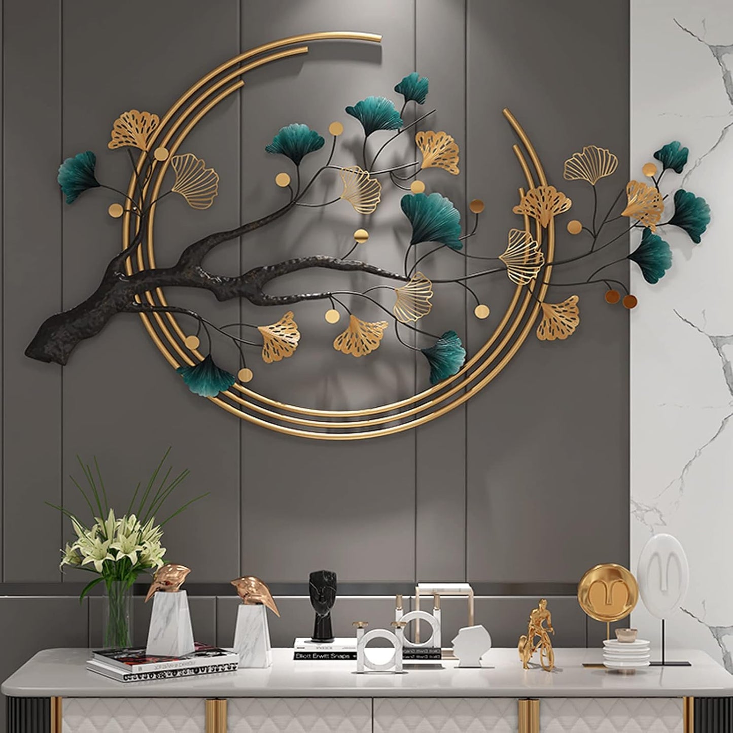 Umbifa Ginkgo Leaf Metal Art Decor 52.7 in * 32.7in 3D Metal Wall Sculpture for Living Room Porch Room Bedroom Modern Art Decor