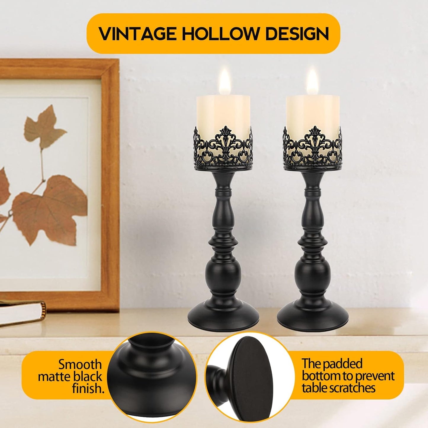 Candle Holders for Pillar Candles Gothic Matte Black Vintage Tall Candle Holders Set of 2 Decorative Large Table Centerpieces Candle Stand Decor (Black 2PCS A)