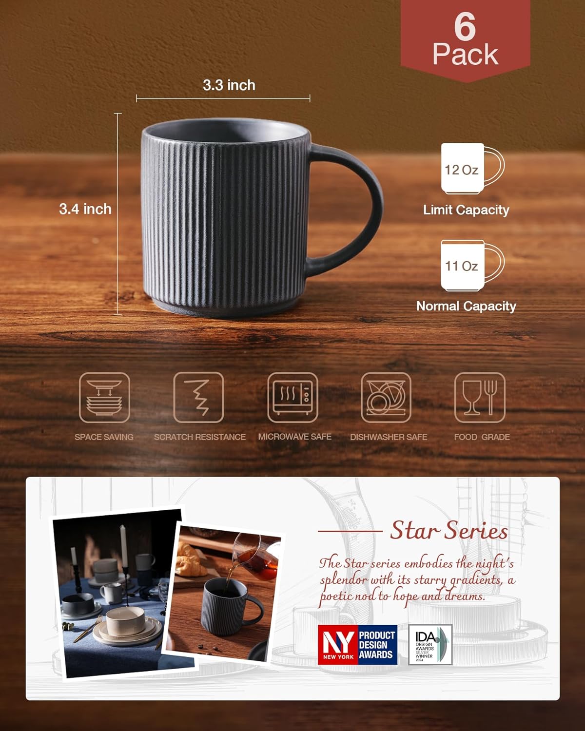 famiware Coffee Mug Set for 6, Star 12 oz Catering Mugs Cup Set with Handle for Coffee, Tea, Cocoa, Milk - Ceramic Stoneware Drinkware Set, Matte Dark Charcoal