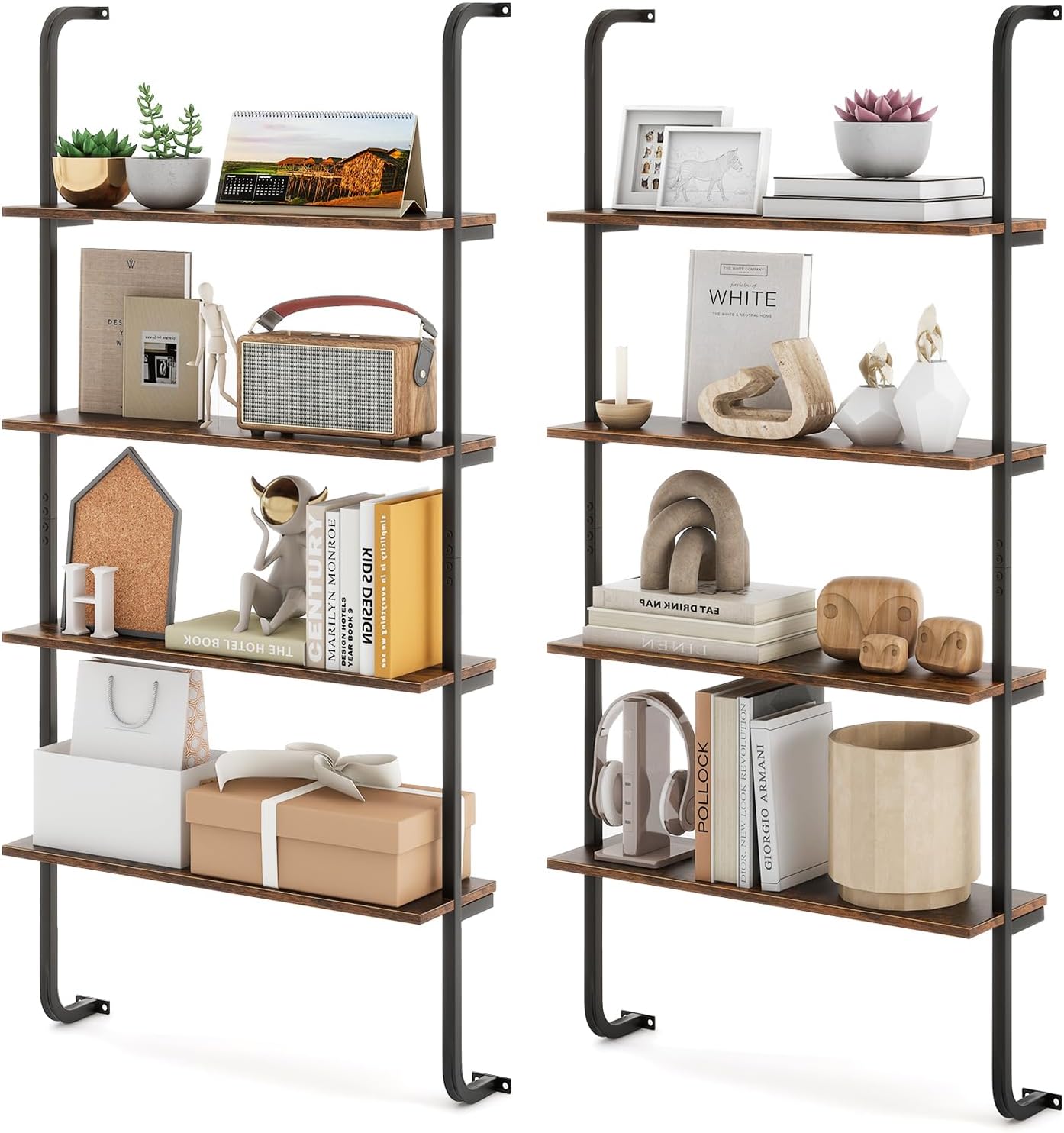 Giantex 4-Tier Industrial Bookshelf Set of 2, Wall Mounted Pipe Shelving Unit, Floating Shelves with Metal Frame, Hanging Wall Display Shelf, Wood Ladder Bookshelf for Living Room,Kitchen,Rustic Brown