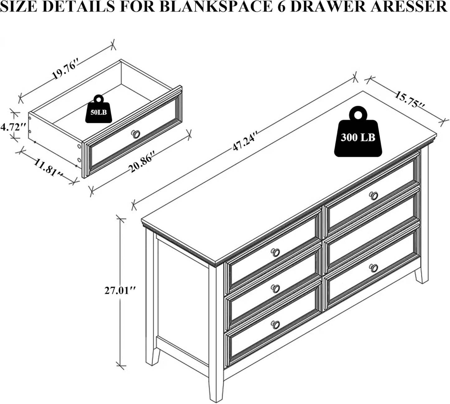 BLANKSPACE White 6 Drawer Dresser, Modern Dresser for Bedroom, Wood Drawer Organizer with Metal Knobs, Large Capacity Cabinet for Bedroom, Hallway