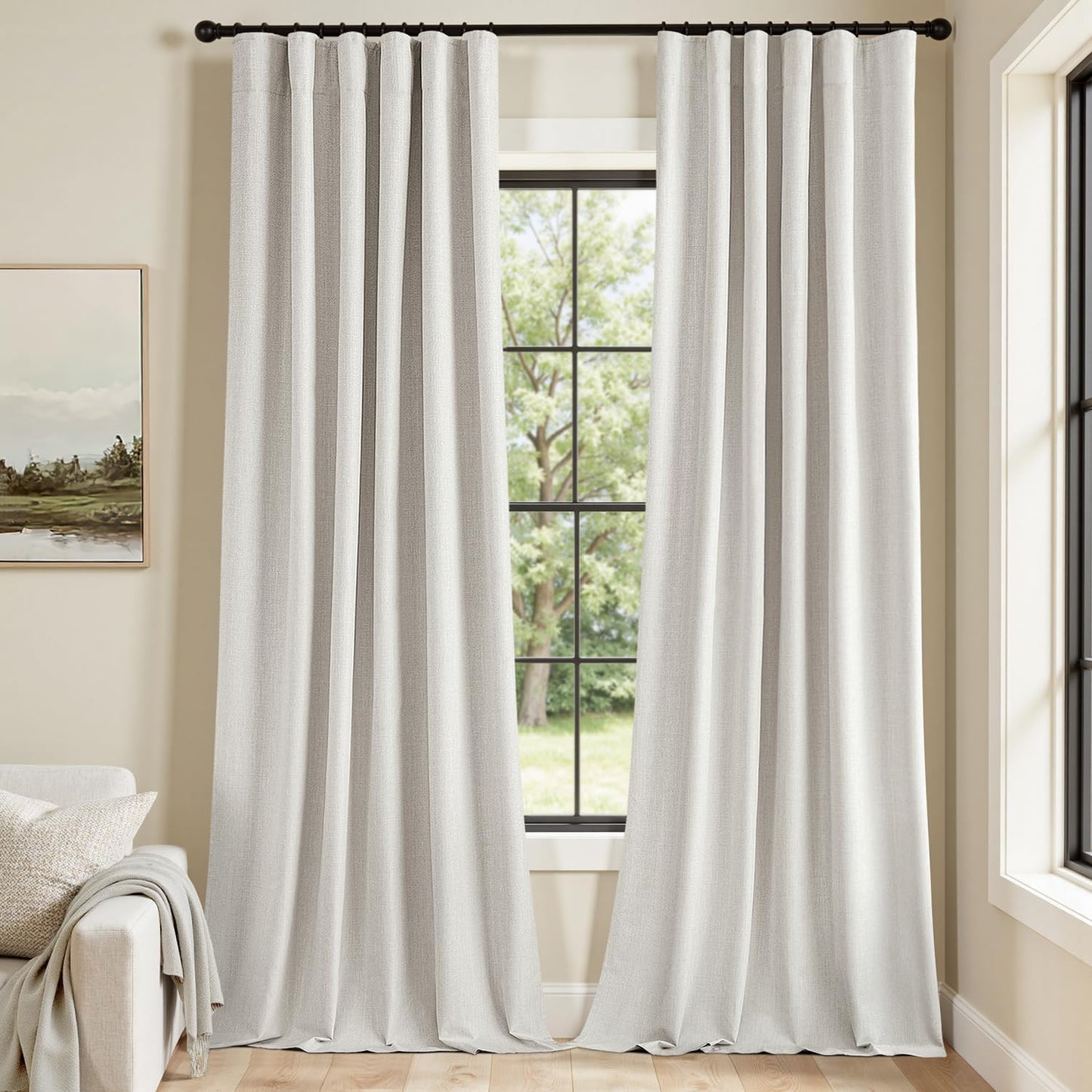 MIULEE 100% Blackout Curtains 96 Inch Long 2 Panels Set for Bedroom, Thick Faux Linen Black Out Curtain Room Darkening Back Tab Pleat Window Textured Drapes with Hooks for Living Room, Light Beige