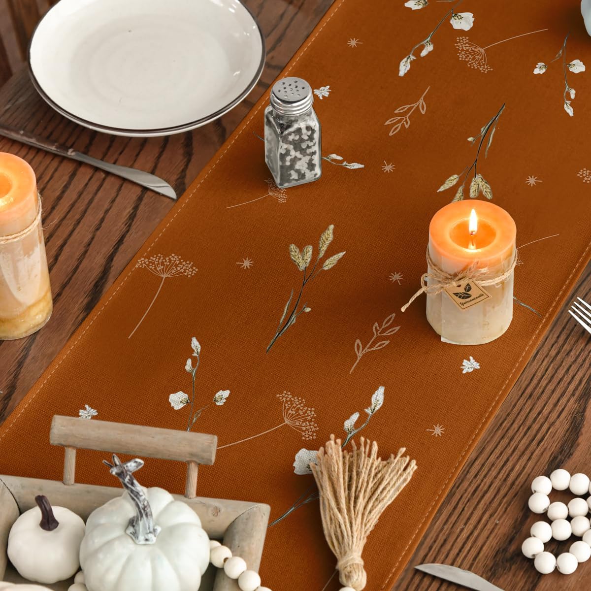 Artoid Mode Orange Pumpkins Leaves Flowers 210 GSM Fall Table Runner, Seasonal Autumn Kitchen Dining Table Decoration for Home Party Decor 13x90 Inch