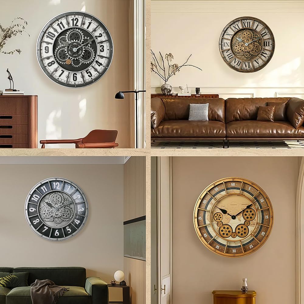 18 Inch Wall Clock with Moving Gears, Oversized Large Industrial Steampunk Decoration, Antique Metal Big Numeral Wall Clocks for Kitchen Study Room Living Room Decor (Antique Oil-Rubbed Bronze)