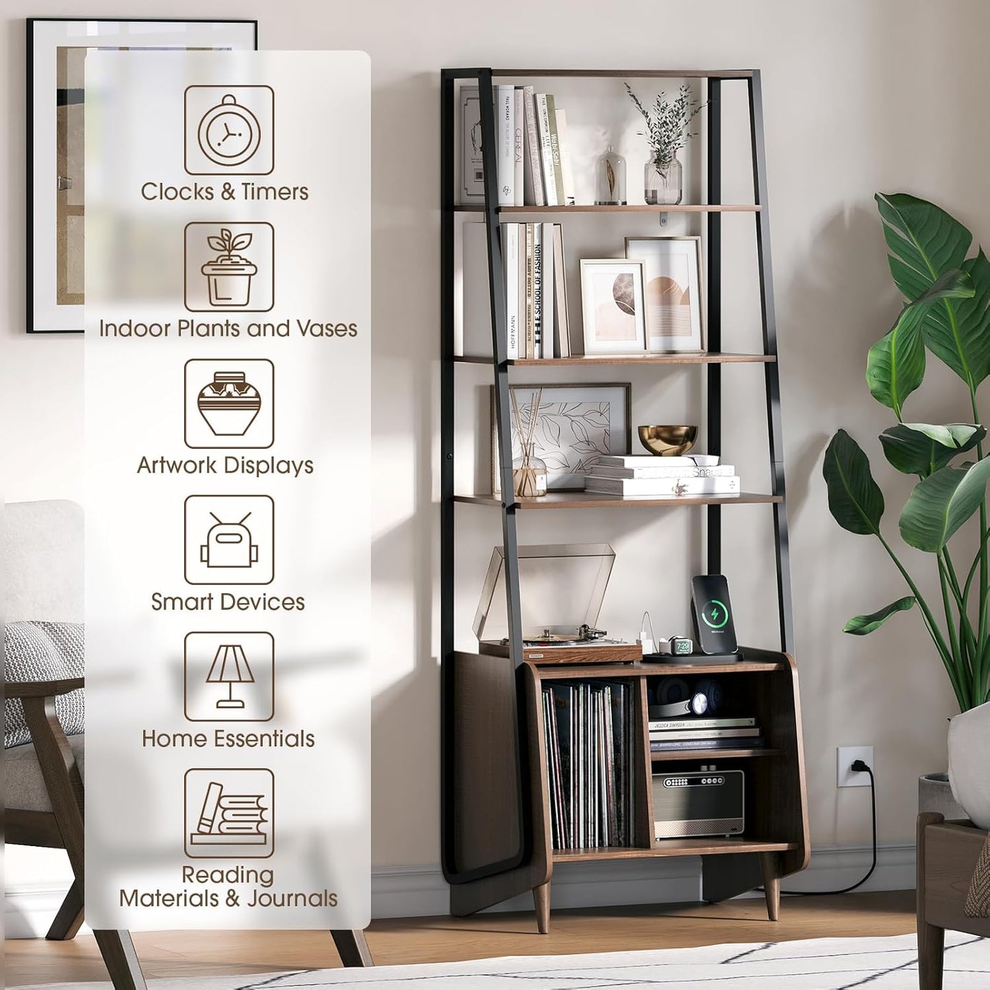 5 Tier Ladder Shelf with Cabinet, Mid Century Modern Bookshelf, Tall Bookcase with Charging Station, Wood and Metal Open Display Shelf for Living Room, Bedroom, Home Office, Walnut