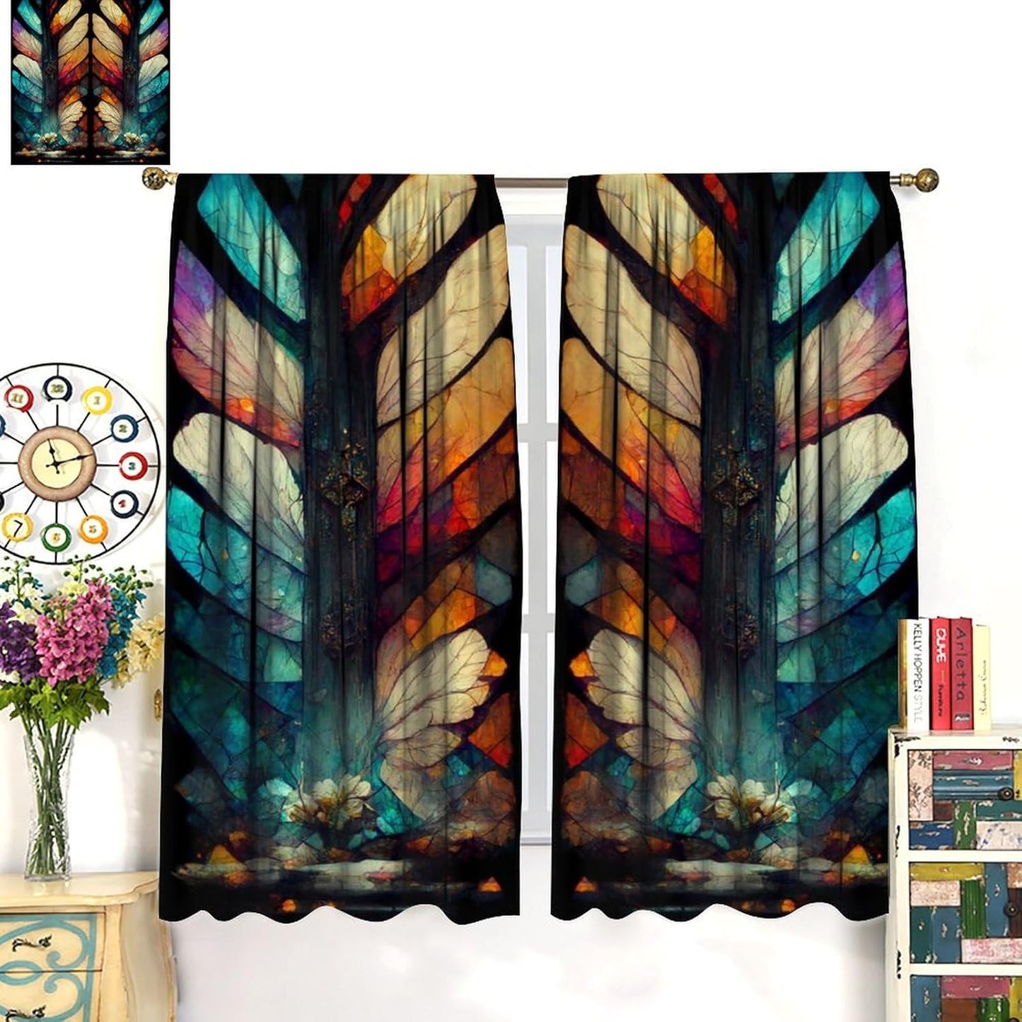 Stained Glass Curtains,Vintage Magical Colorful Abstract Art Home Decor Drapes for Bedroom Living Room Kitchen Window Treatment 2 Panels Set Total Size 42" W X 45" L Inch