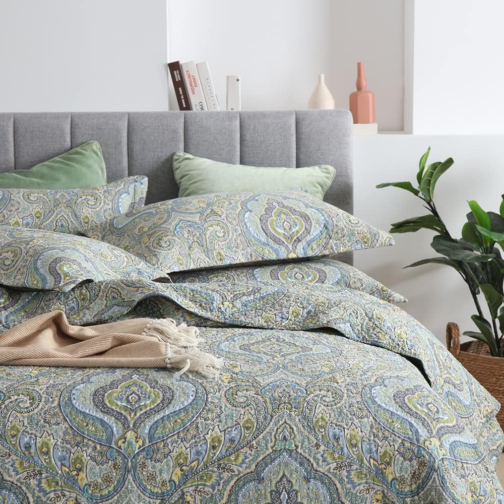 Autumn Dream Cotton Bedspread Quilt Sets, 3 Pieces Reversible Comforter Coverlet Sets, Classical Damask Paisley,King Size