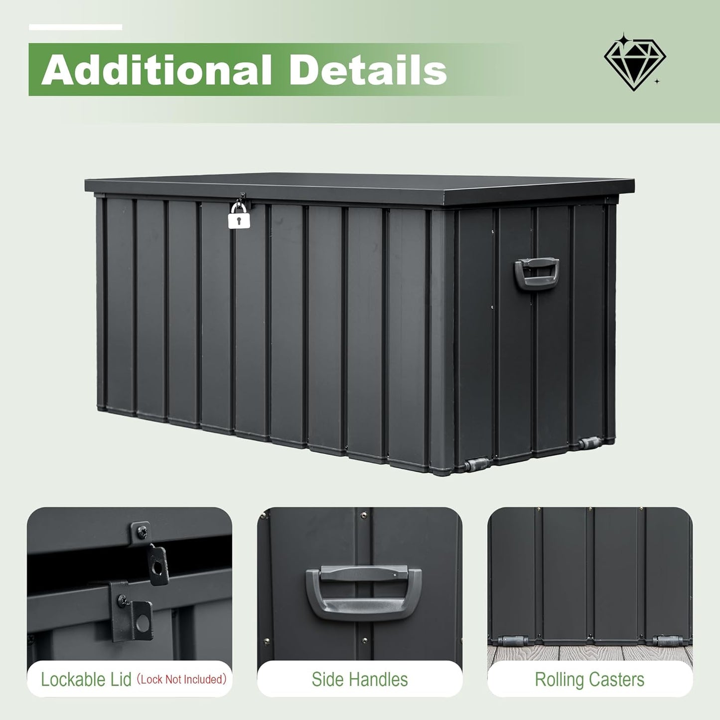 Domi 150 Gallon Deck Box, Outdoor Metal Lockable Storage Cabinet, Waterproof Steel Outdoor Bench with Lockable Lid, Side Handles & Rolling Casters for Outside Cushions, Pillows, Garden Tools, Grey