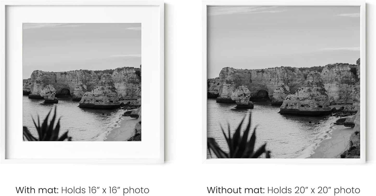 HAUS AND HUES 20x20 White Metal Picture Frame Matted to 16x16 - Features Premium Aluminum & Hanging Hardware, Shatterproof Plexiglass - Ideal for Home, Room, Office (20x20 in, White, Set of 1)