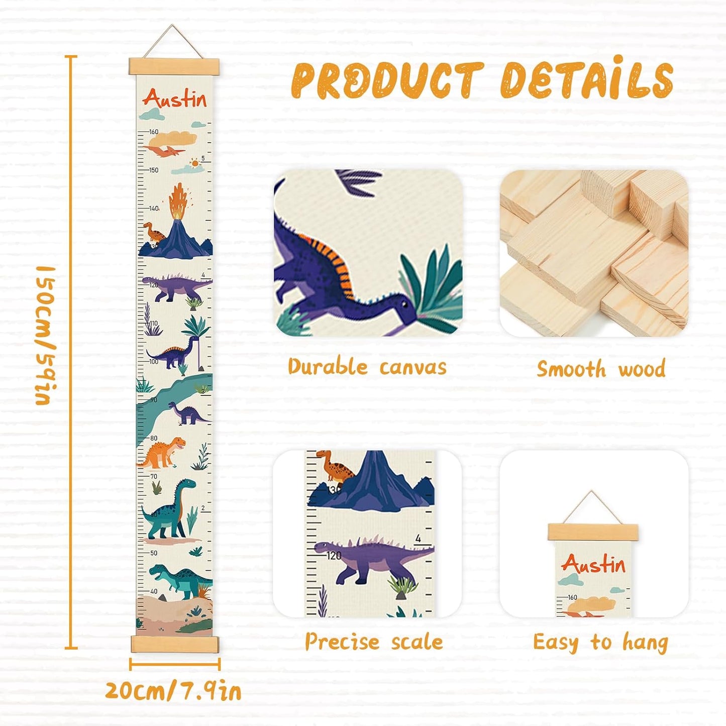 Personalized Name Growth Chart Wall Decor for Kids – Canvas Removable Height Chart Measuring Ruler 59" x 7.9" (Dinosaurs)