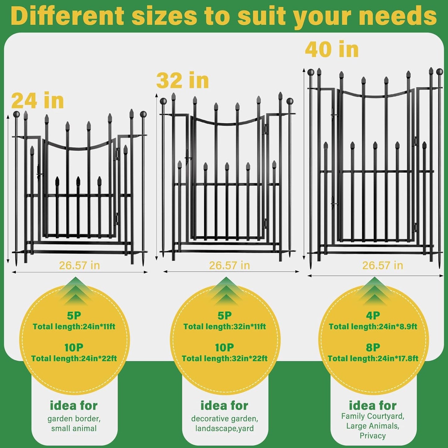 10 Panels No Dig Decorative Garden Fence with Gate, 32in(H) × 22ft(L) Heavy-Duty Rustproof Metal Panels, Outdoor Dog Barrier for Yard & Patio, Landscape, Border| Portable Temporary Fencing