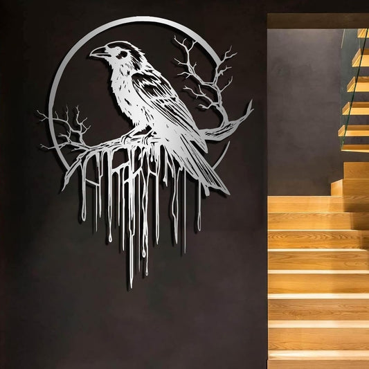 Crow Metal Wall Decor, Raven Wall Art, Large Gothic Raven Decor Hangings, Bird Wall Decor, Metal Tree Branch Decor, Ravens Sign, Raven Art for Living Room (Silver, 35"x28" | 90x72cm, metal wall art)